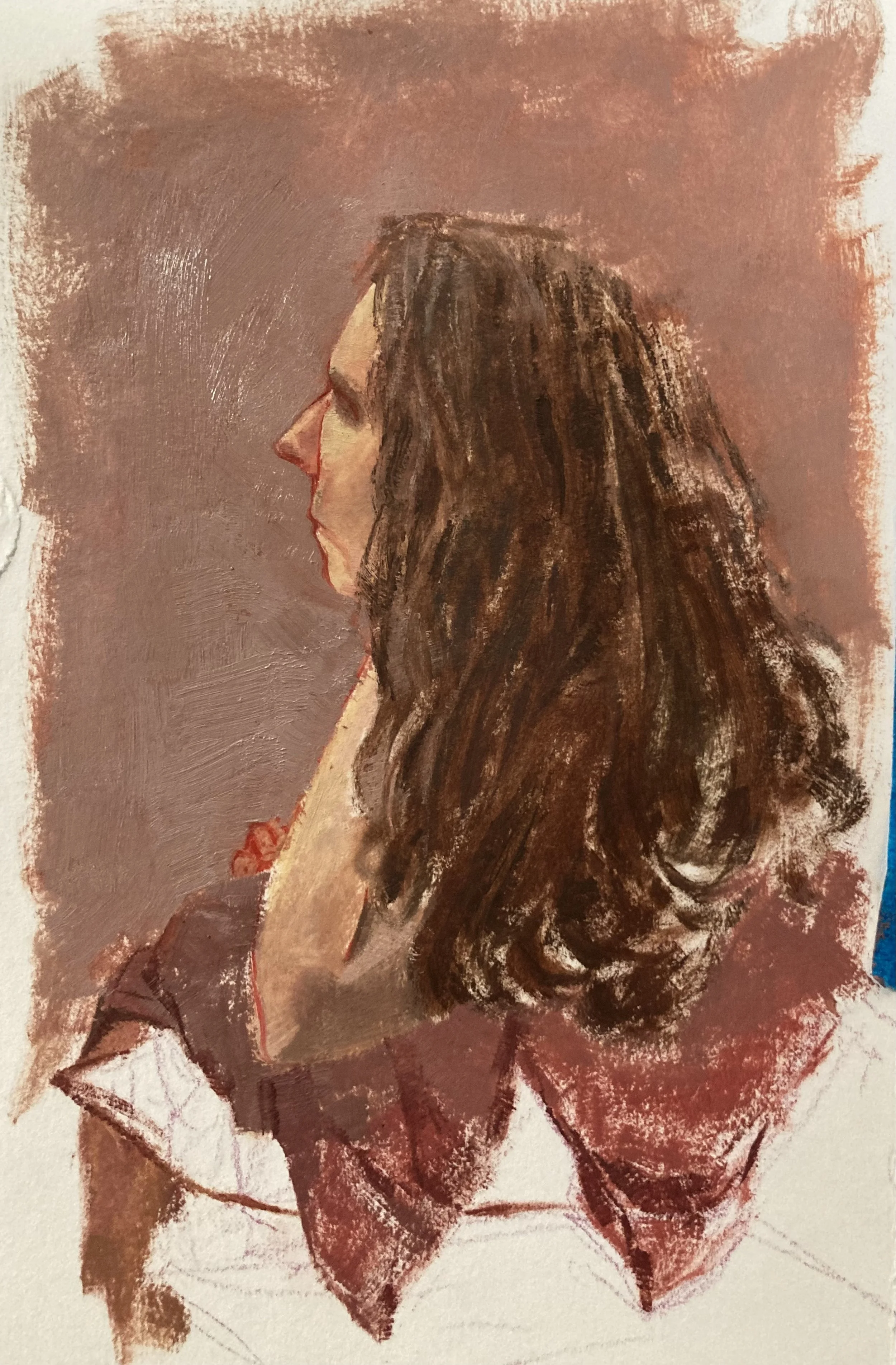 A painting of a woman with long brown hair, shown in profile, wearing a maroon top.