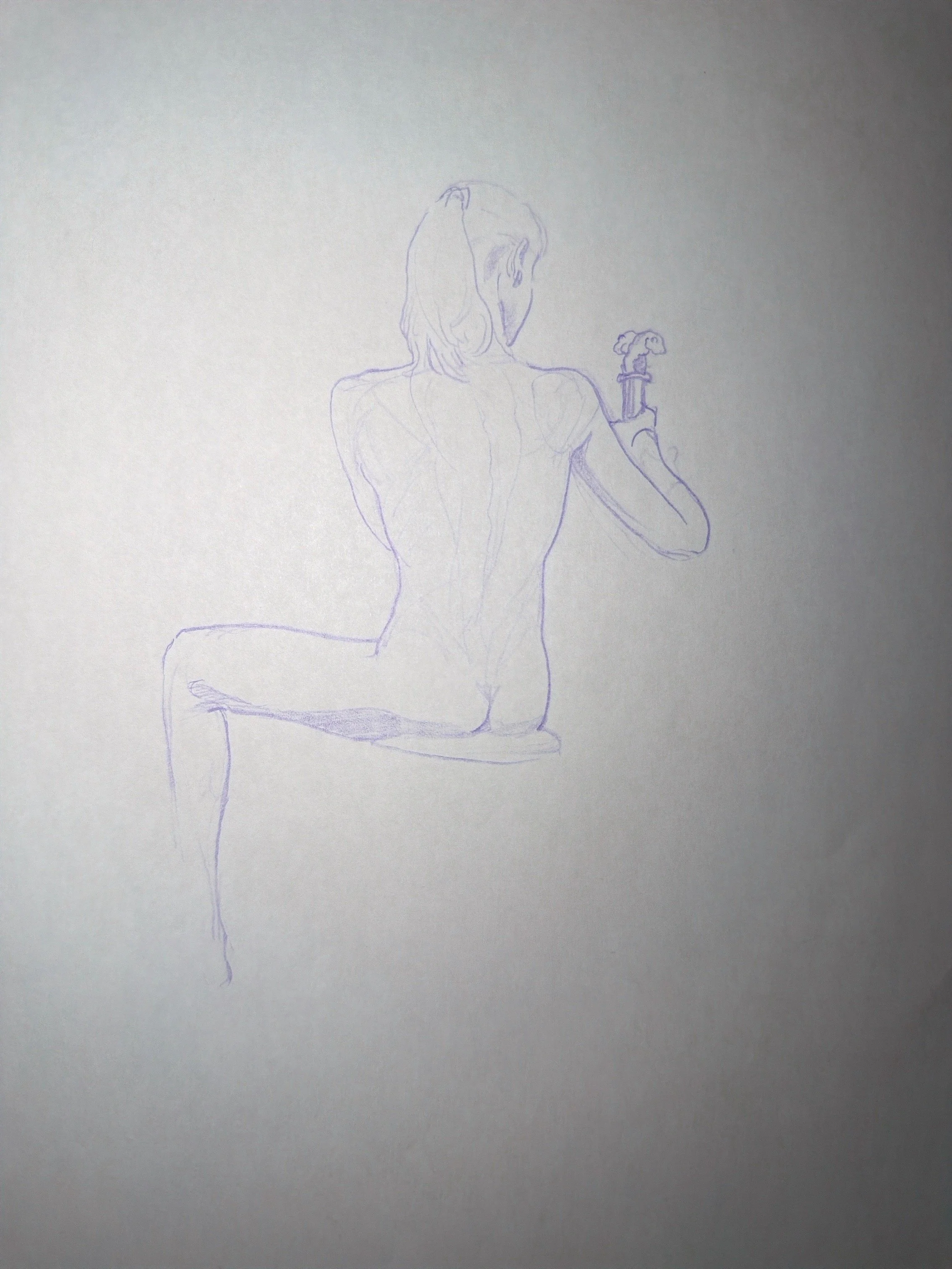 A pencil sketch of a woman sitting on a chair, holding a cup.