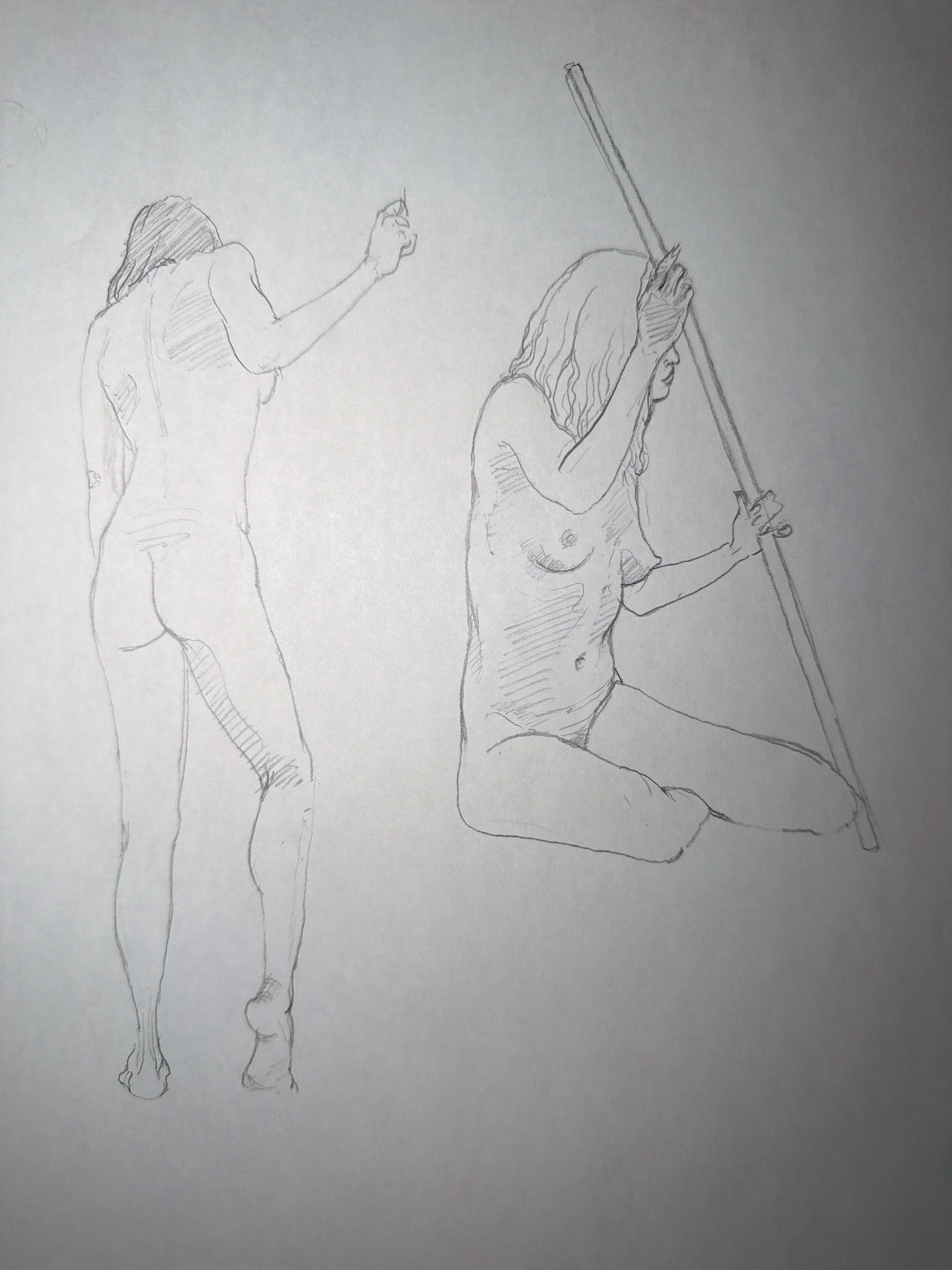 A pencil sketch of two women; one standing and one kneeling, holding a long staff, both in minimal detail.