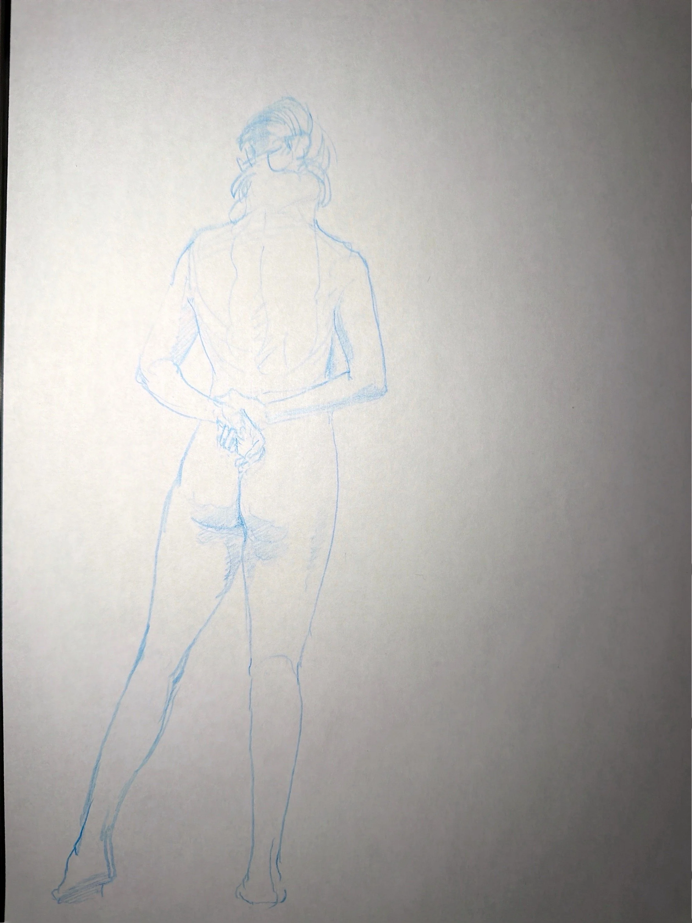A light blue sketch of a woman with long hair, glasses, and casual clothing, standing with one hand clasped over the other on her stomach.
