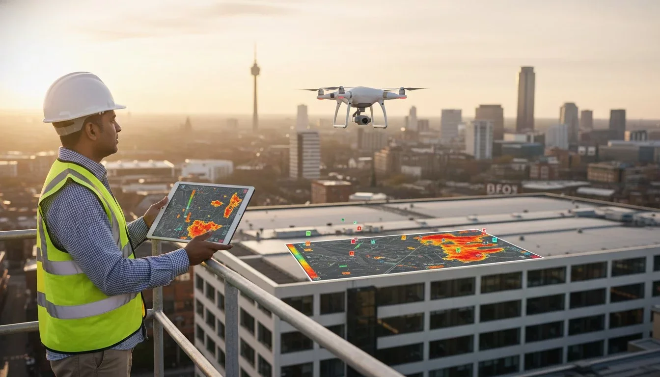 A man wearing a safety helmet and reflective vest using a tablet on a rooftop, with a drone flying overhead and city buildings in the background at sunset.