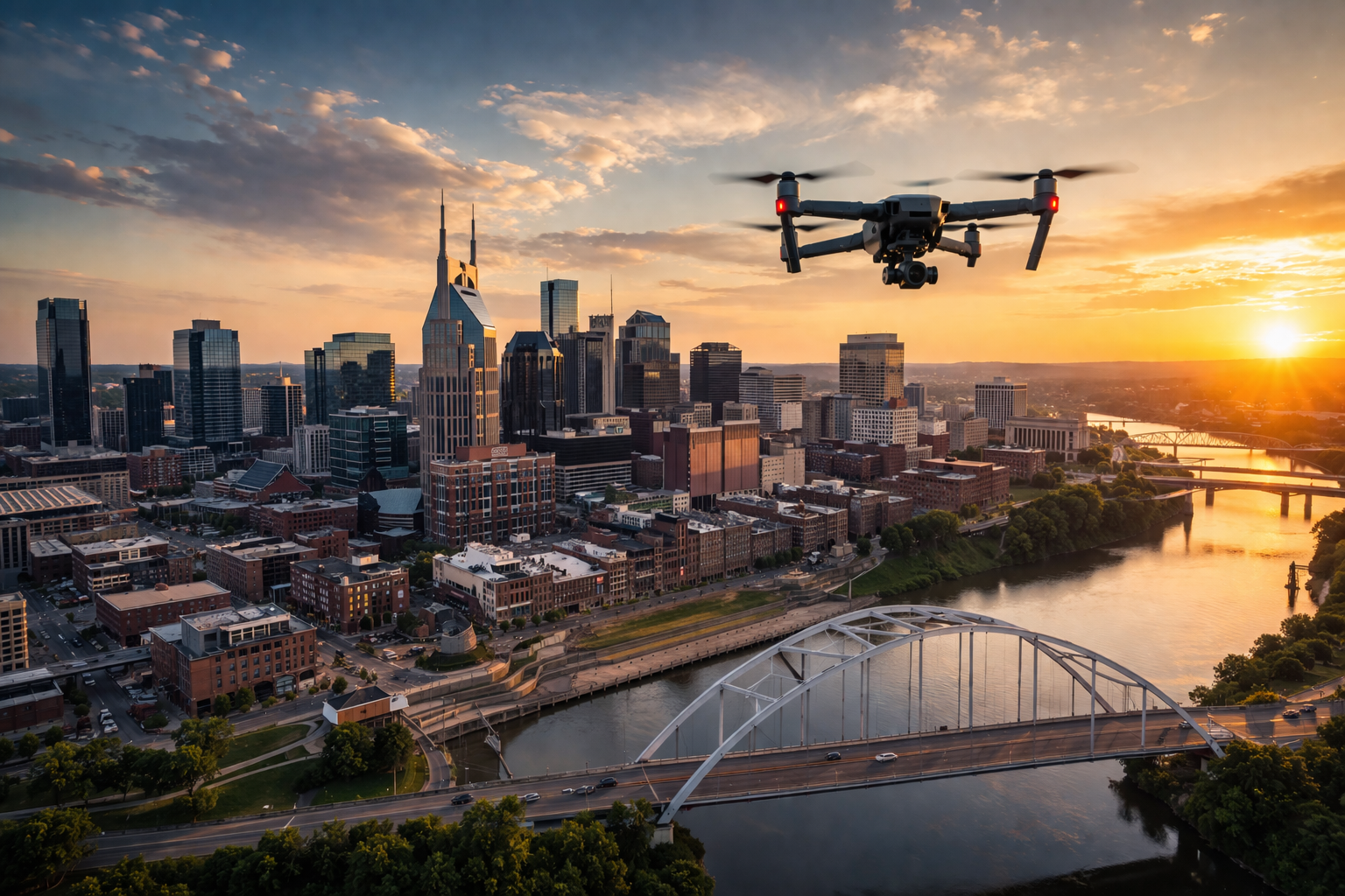 A drone flying over a city skyline at sunset, with a river and bridges visible.