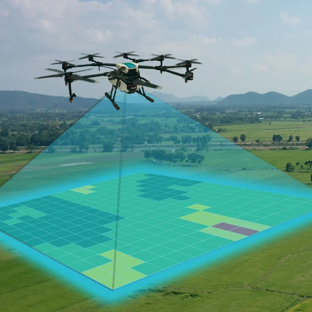 A drone flying over a green field with a 3D digital map projection beneath it, showing a grid and highlighted areas.
