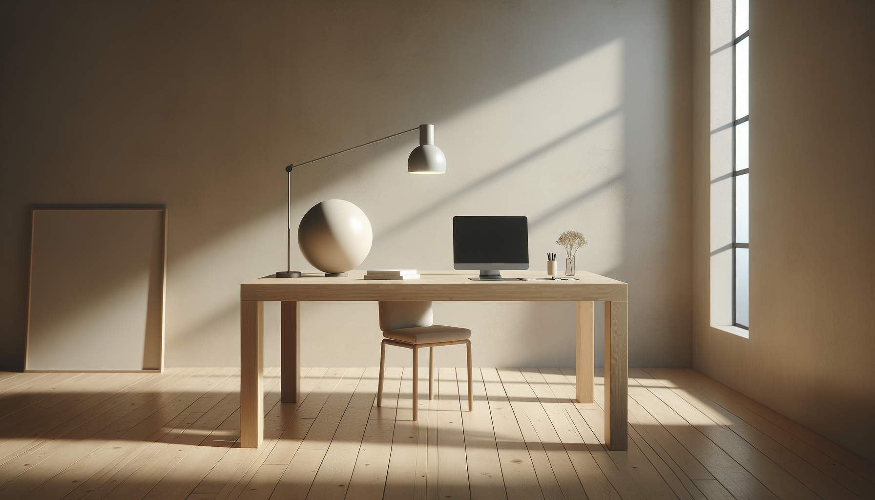 Minimalist home office with wooden desk, computer, desk lamp, lamp with a globe shape, books, small flowers, and a large window letting in sunlight.