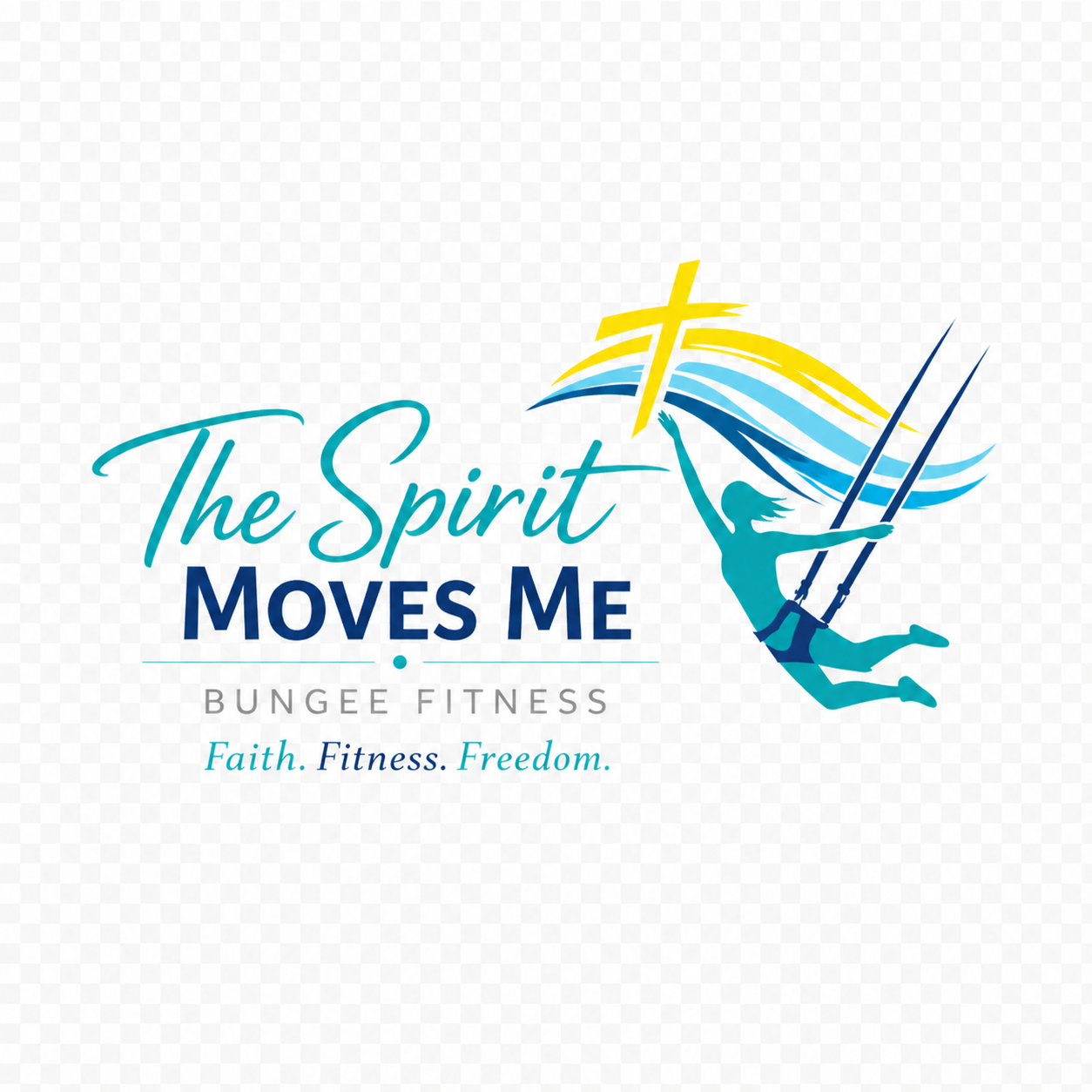 Logo for The Spirit Moves Me Bungee Fitness, featuring a silhouette of a woman on a bungee, with a cross and colorful lines in the background, and the tagline Faith. Fitness. Freedom.