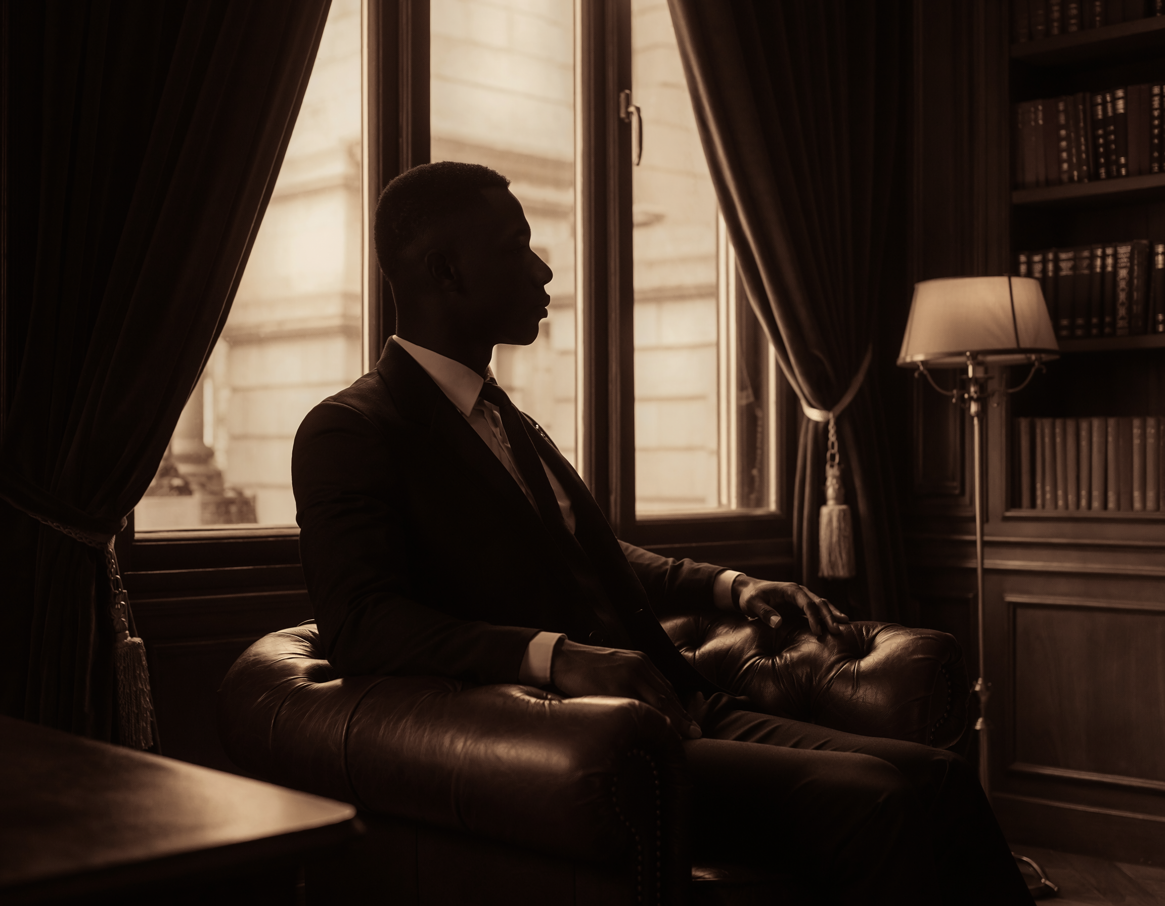 Silhouette of a man in a suit sitting on a leather couch in a dimly lit room with large window and heavy curtains, a bookshelf, and a lamp.
