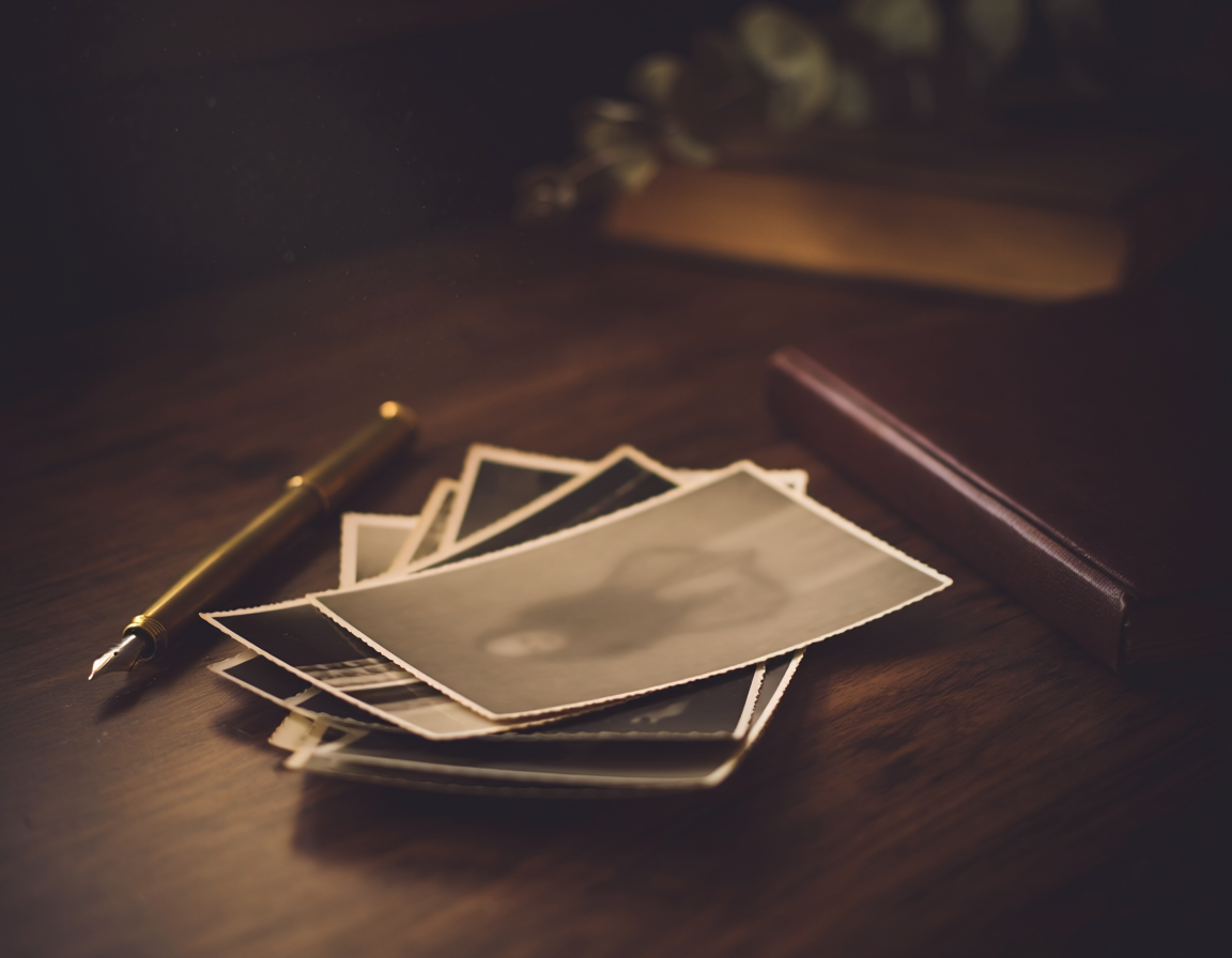 A vintage fountain pen, a stack of old black and white photographs, a maroon notebook, and a bouquet of white flowers on a dark wooden surface.