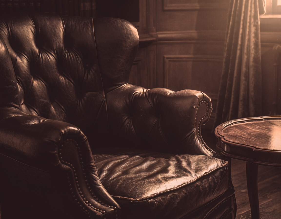 A vintage leather armchair next to a wooden table in dim lighting.