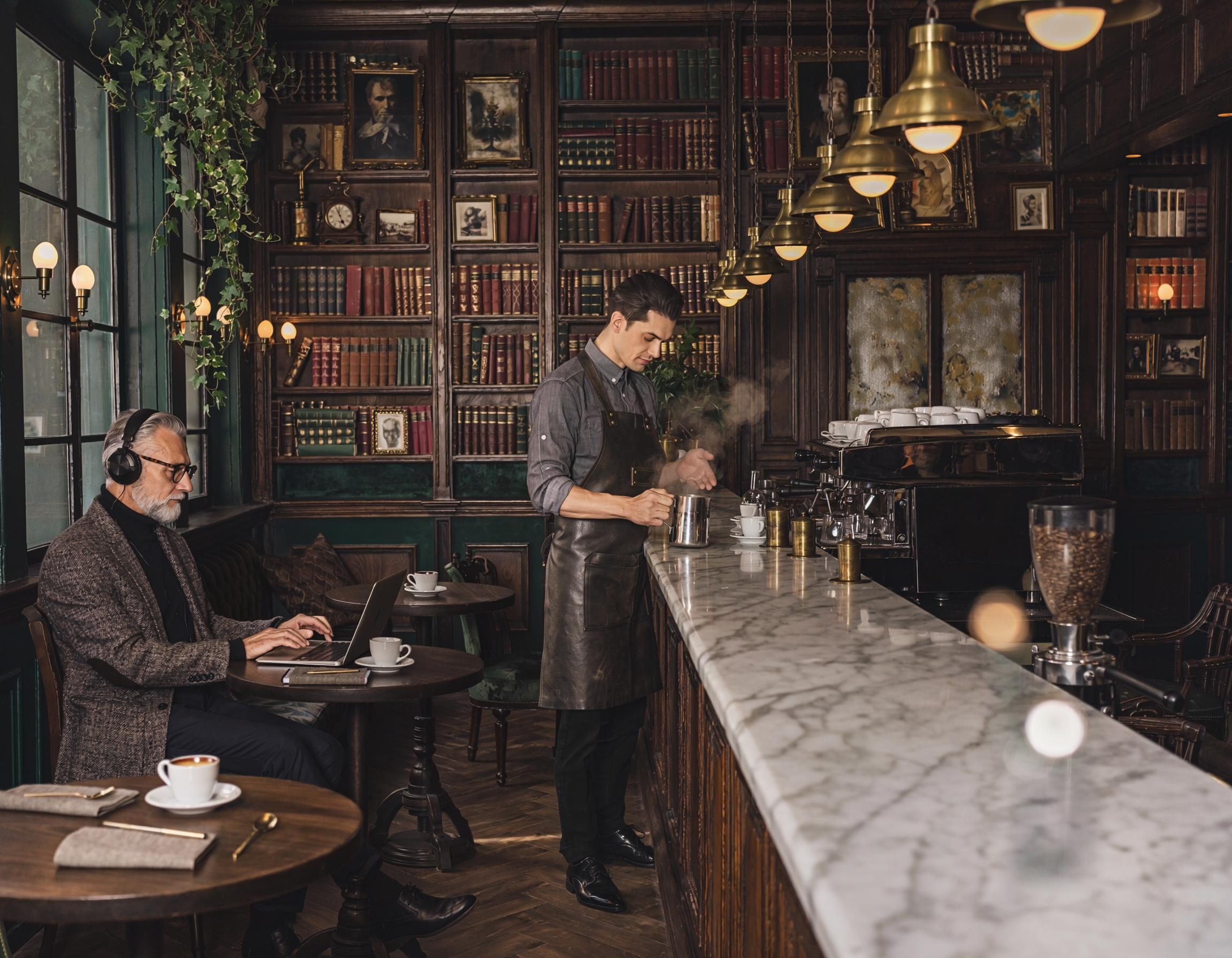 A cozy cafe scene with a young barista preparing coffee behind a marble counter, a man wearing headphones working on a laptop at a round wooden table, and an older man with glasses and a beard sitting and working, all within a vintage, wood-paneled room filled with books, framed pictures, and warm lighting.