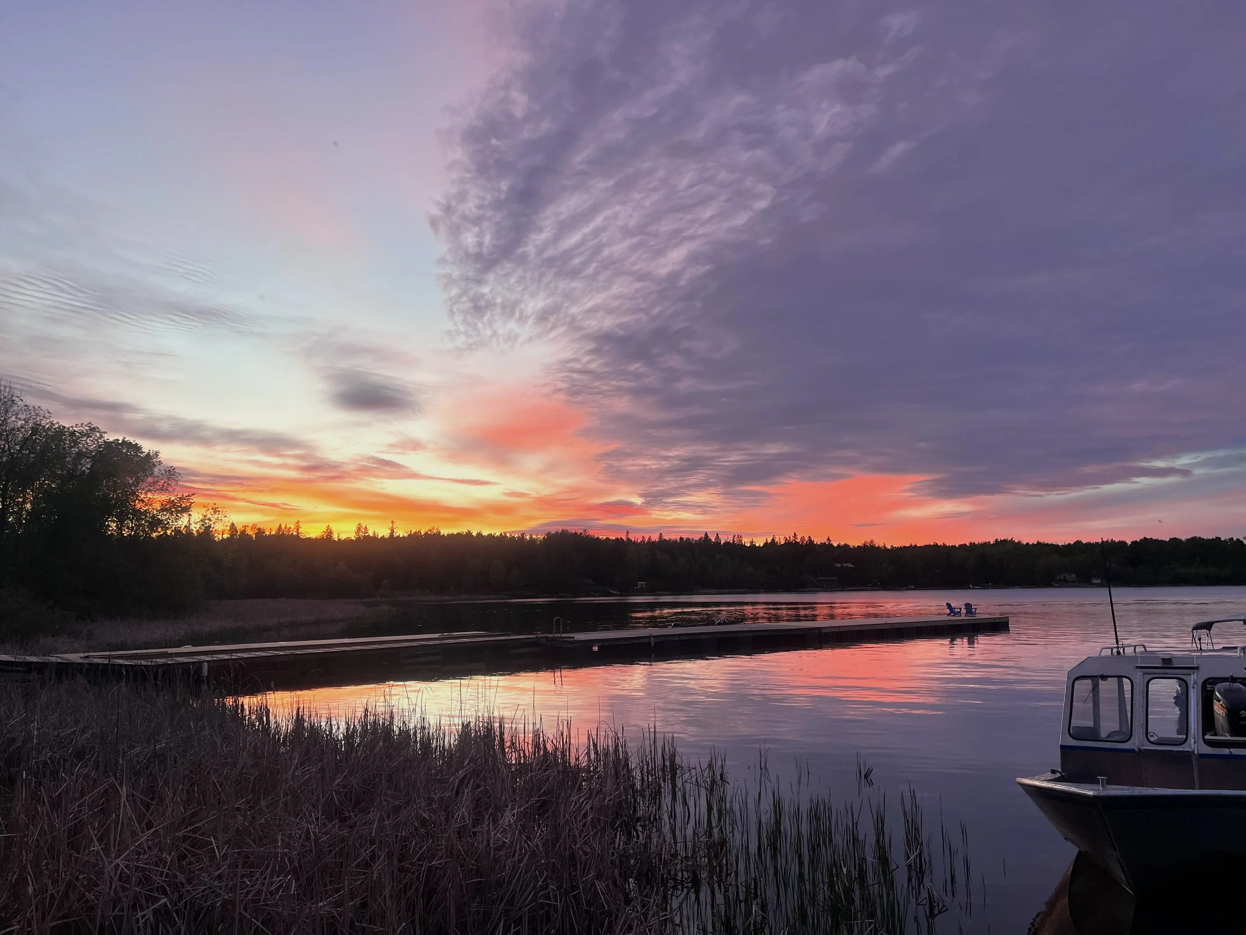 Sunset over a body of water with trees along the shore and boats docked near the water's edge.