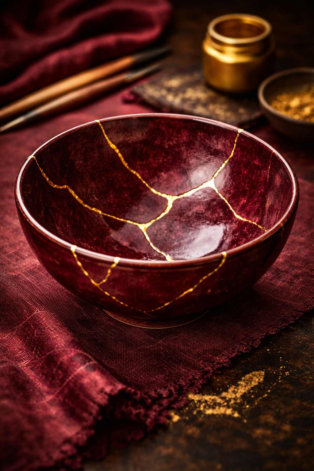 “Burgundy kintsugi-style artwork symbolizing healing, restoration, and wholeness.”