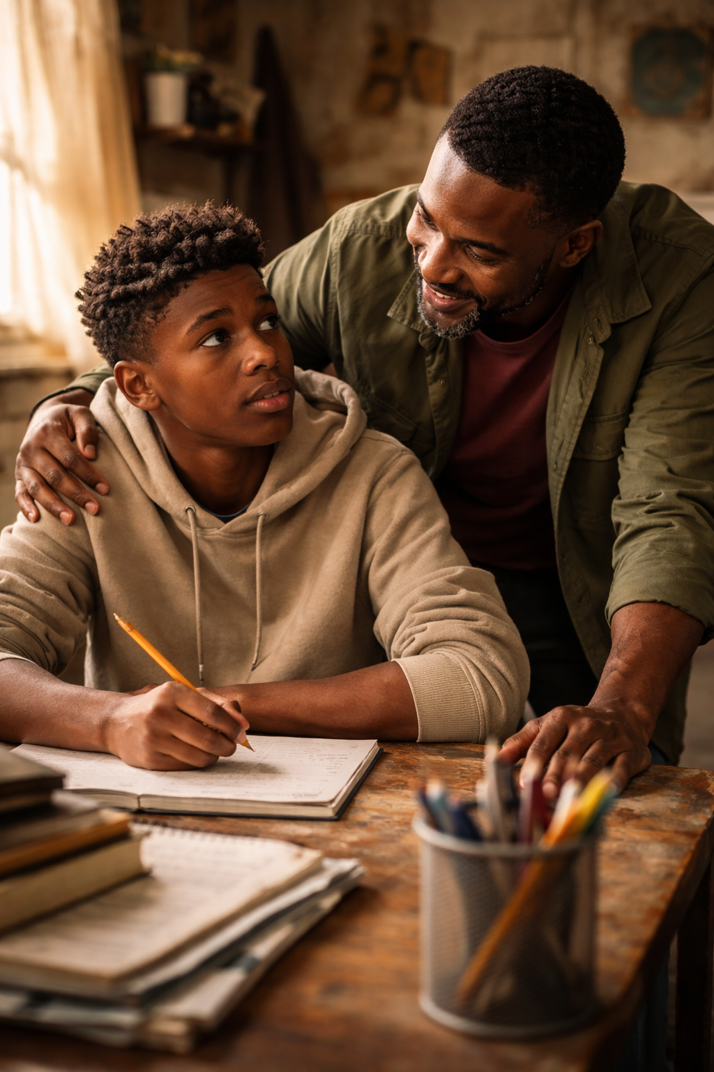 Image of dad helping son do homework