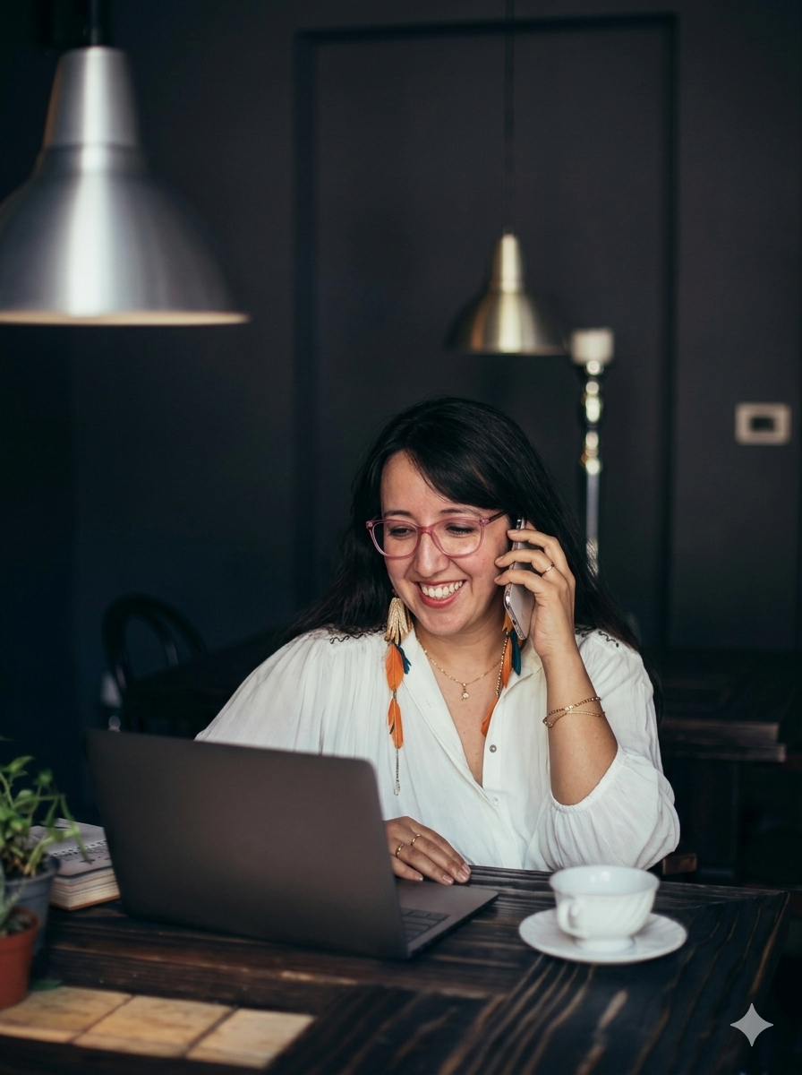 A woman with dark hair and glasses smiling while talking on the phone and using a laptop at a wooden table, with a teacup and plant nearby, in a dimly lit room.