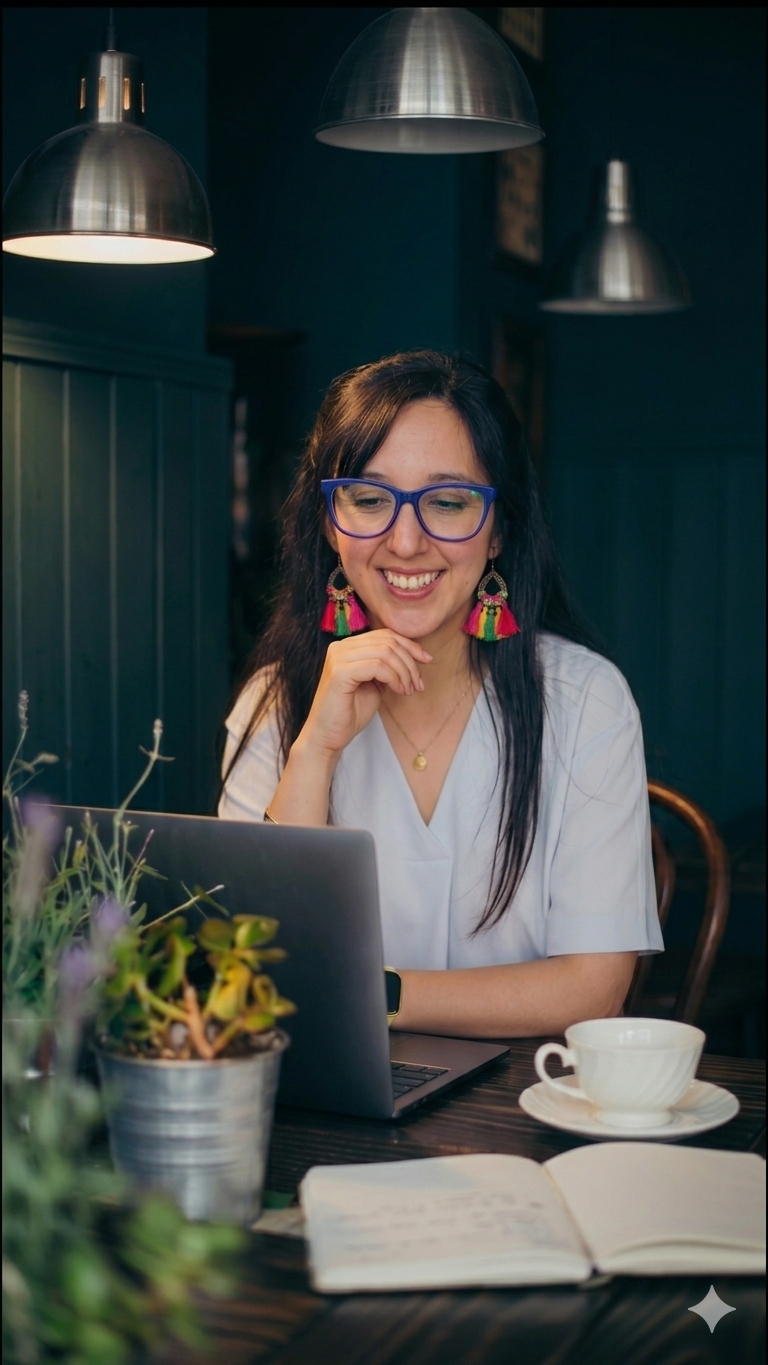 A woman with long dark hair and glasses sitting at a dark wood table, smiling while working on a laptop in a cozy, dimly lit cafe with dark teal walls and pendant lights.