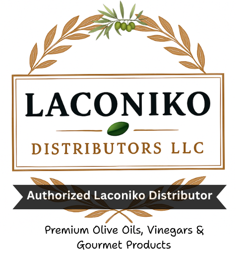 Logo for Laconiko Distributors LLC featuring olive branch wreath, with text indicating authorized distributor of premium olive oils, vinegars, and gourmet products.