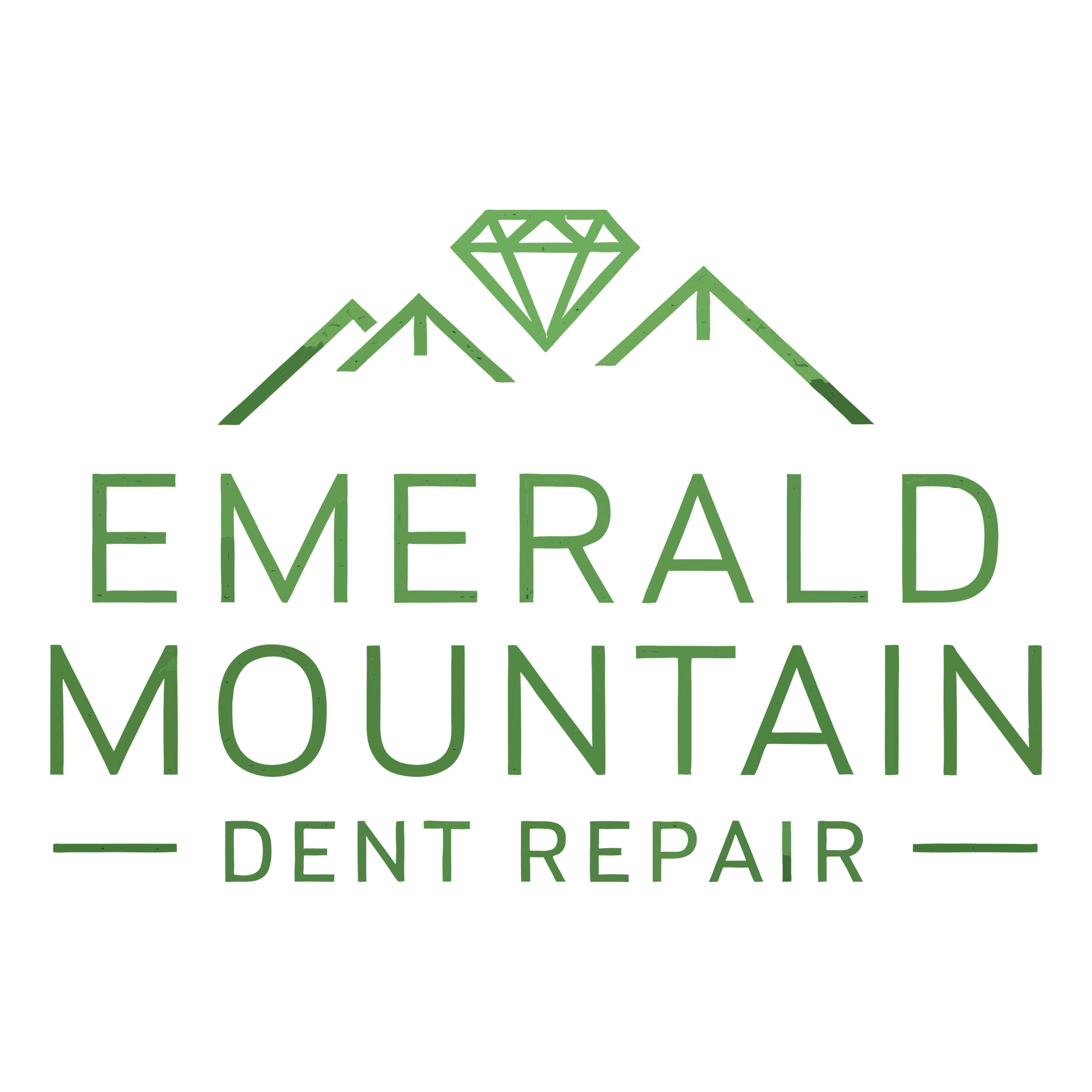 Logo for Emerald Mountain Dental Repair, featuring a stylized green mountain and diamond shape with the text "EMERALD MOUNTAIN DENTAL REPAIR" in green.