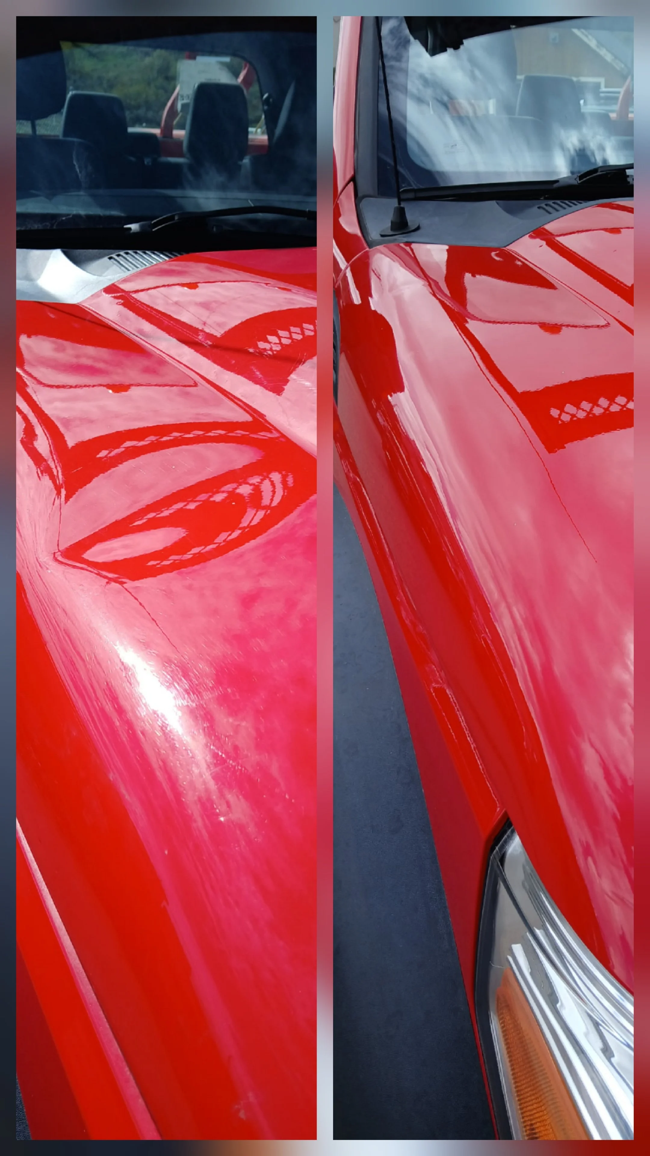 Close-up of a red car's hood and front fender, showing reflections on its glossy surface, with the windshield and driver-side headlight visible.