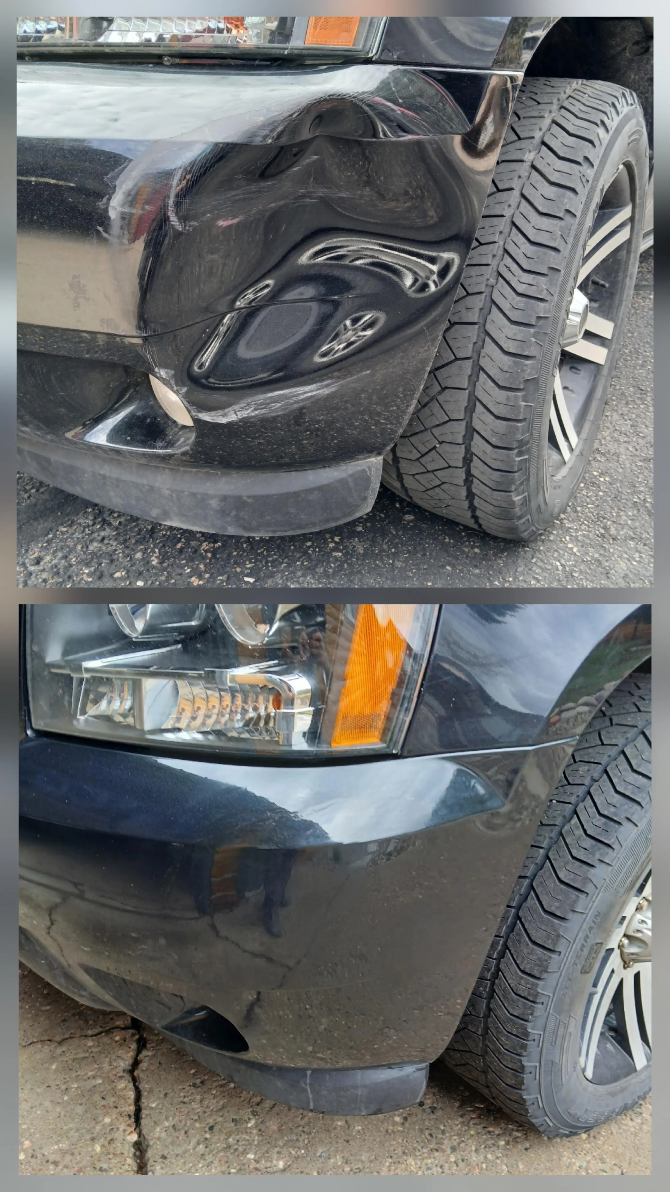 Comparison of two front bumpers on black vehicles, showing damage. The top bumper has a dent and scratches near the headlight, while the bottom bumper appears undamaged. Both vehicles have large tires and are parked outdoors on a gravel surface.