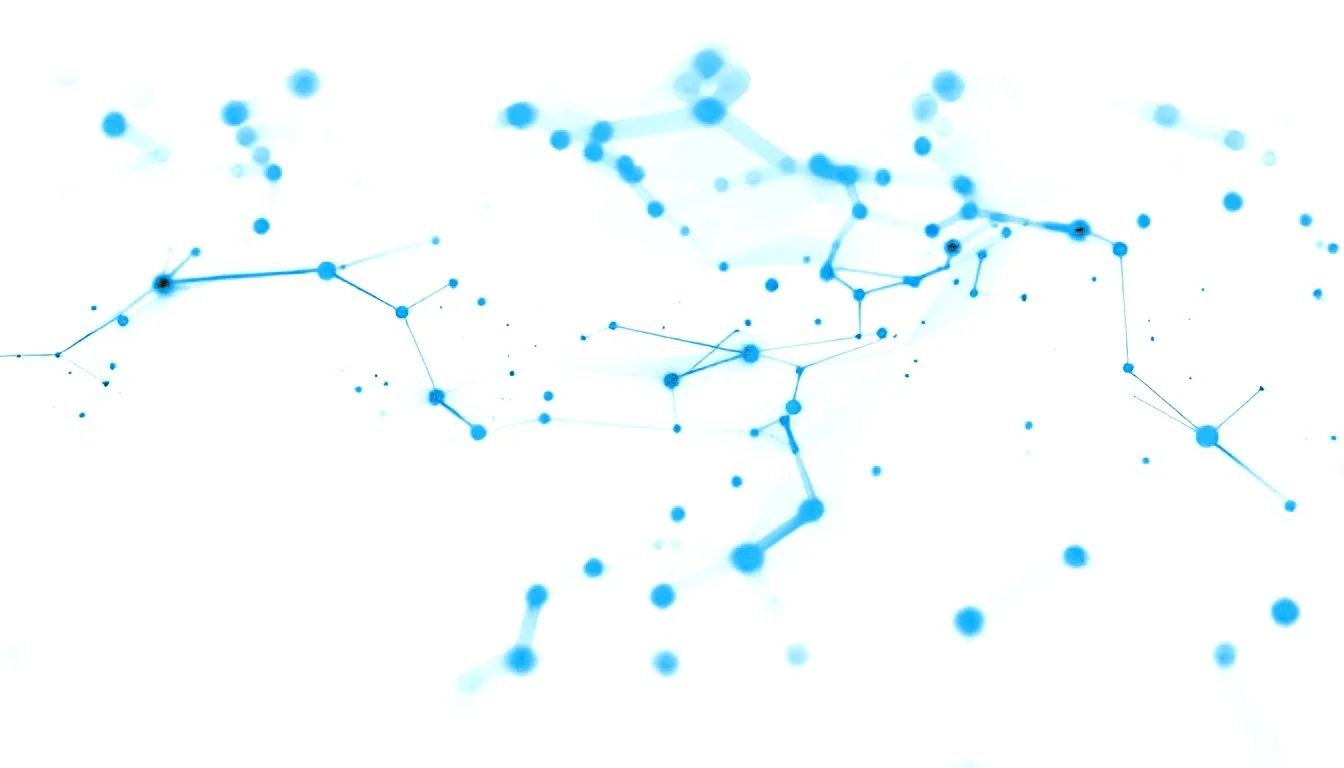 Red de puntos azules conectados en un fondo blanco que representa datos o tecnología.