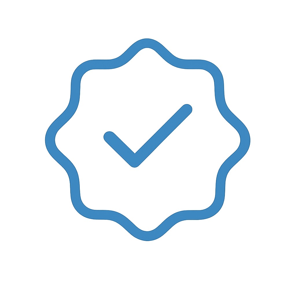 Sello de verificación azul con borde irregular y marca de verificación en el centro.