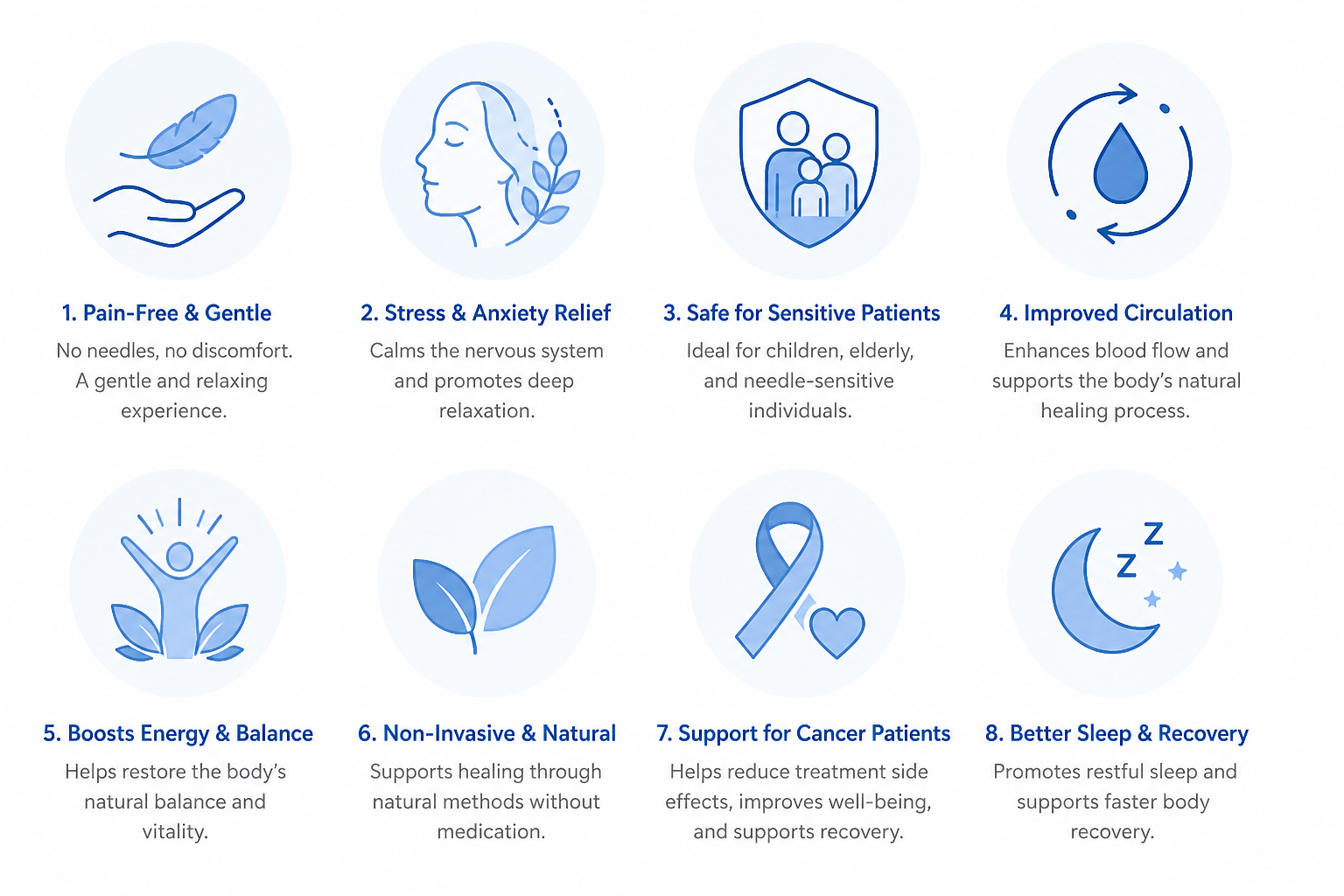 Needle-free acupuncture therapy in Rockville Maryland showing benefits such as pain relief, stress and anxiety reduction, improved circulation, cancer support, better sleep, and natural healing