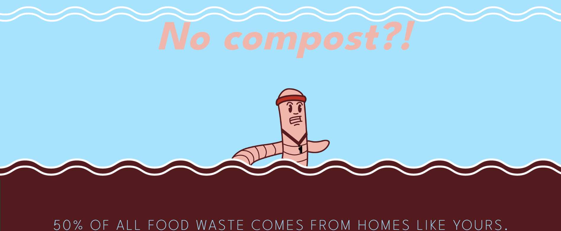 An animated cartoon character resembling a mummy with a headband, partially submerged in water, with text saying 'No compost?!' and a statement about food waste coming from homes.