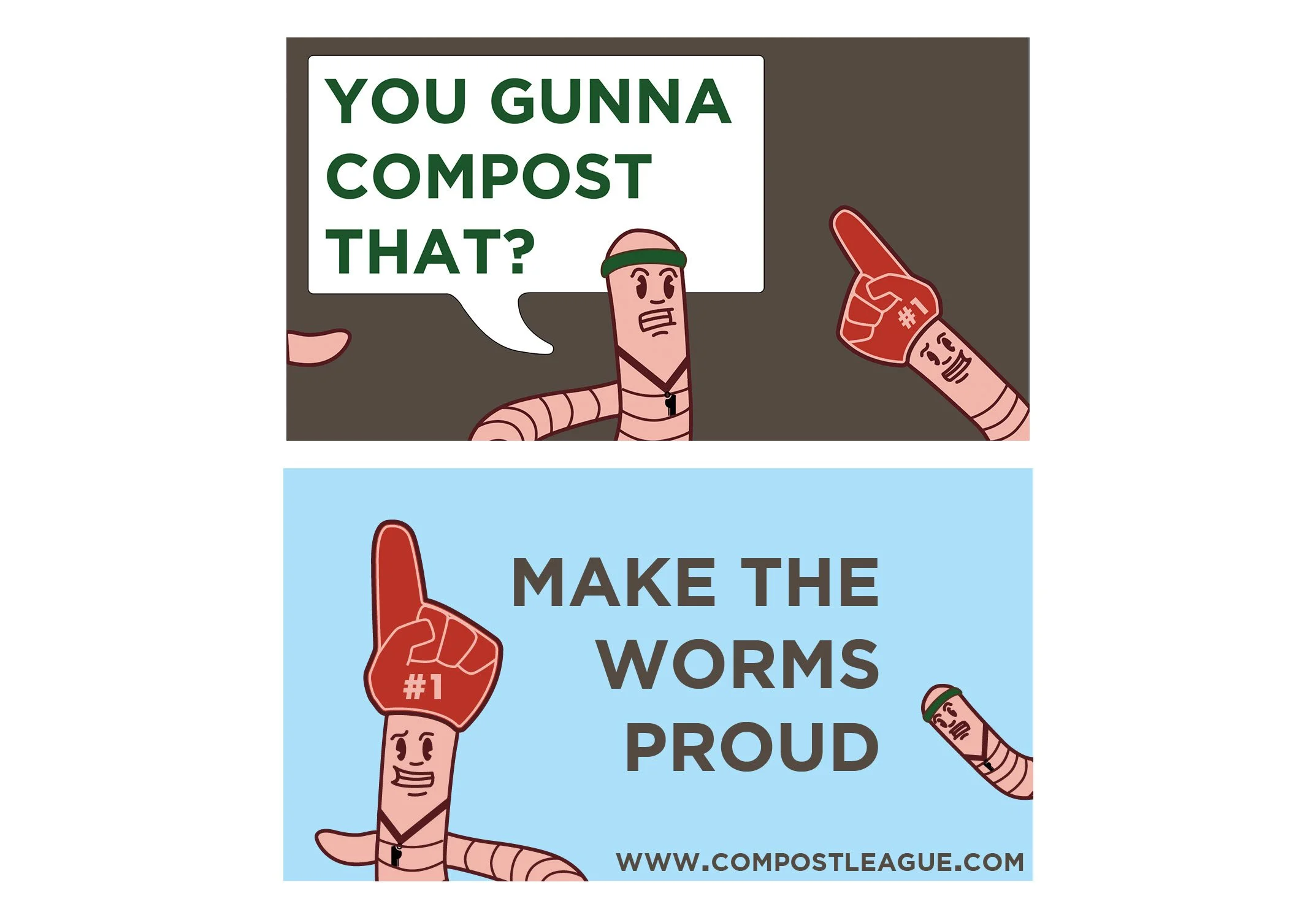 Cartoon worms with facial expressions and numbered gloves, with speech bubbles and text promoting composting.