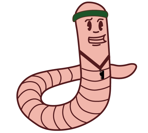 Cartoon worm with a green headband smiling with a necklace and extended arm.