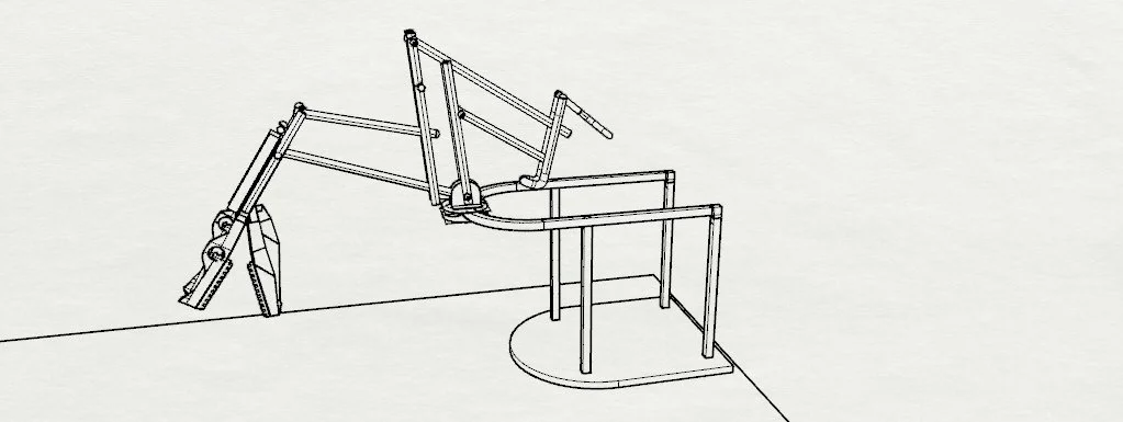 A line drawing of a mechanical rehabilitation or exercise wheelchair, with a frame, arm supports, and a sliding mechanism.