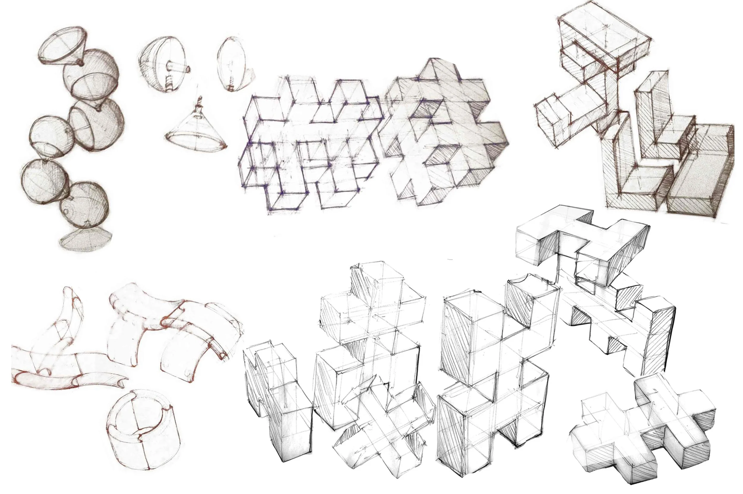 Sketches of geometric objects, including spheres, cones, and cubes, with some objects in wireframe and shaded forms, and a pair of hands with a pencil and a spiral notebook.