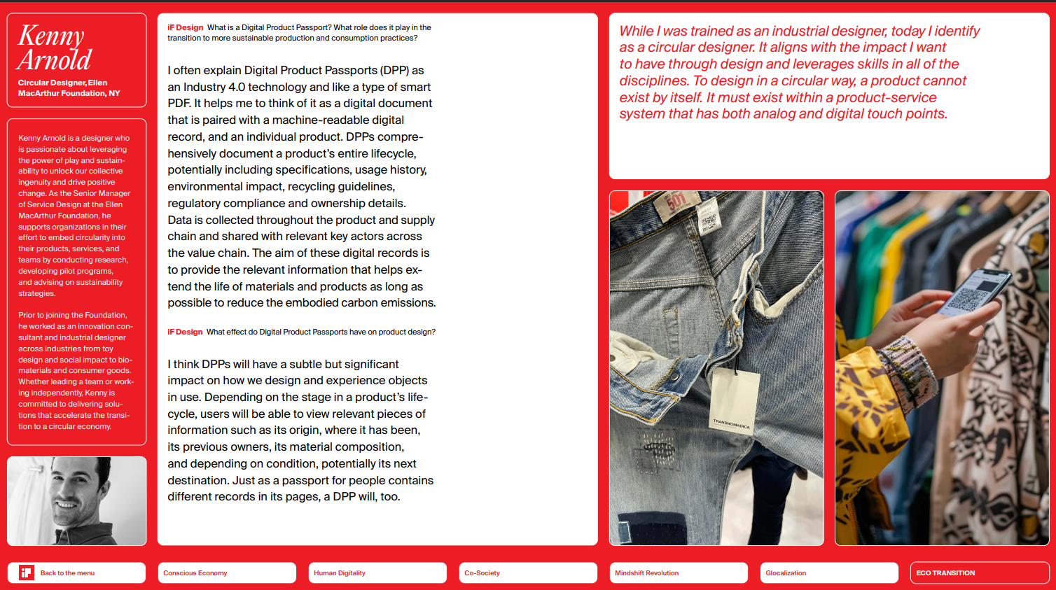 A digital magazine page featuring Kenny Arnold, a circular designer from the MacArthur Foundation, discussing digital product passports, their importance, and sustainability. The page includes images of denim jeans and a person scanning a QR code on 