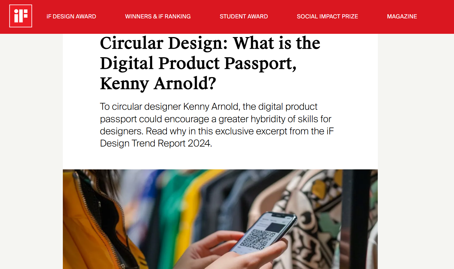 Web page featuring an article titled "Circular Design: What is the Digital Product Passport, Kenny Arnold?" with a photo of a person holding a smartphone displaying a QR code in front of clothing. The page has a red header with navigation links.