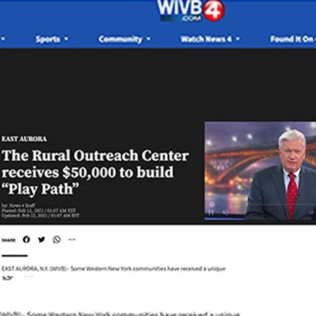 Screenshot of WIVB 4 news website featuring a news story about East Aurora's Rural Outreach Center receiving $50,000 to build a 'Play Path' with a photo of a news anchor.
