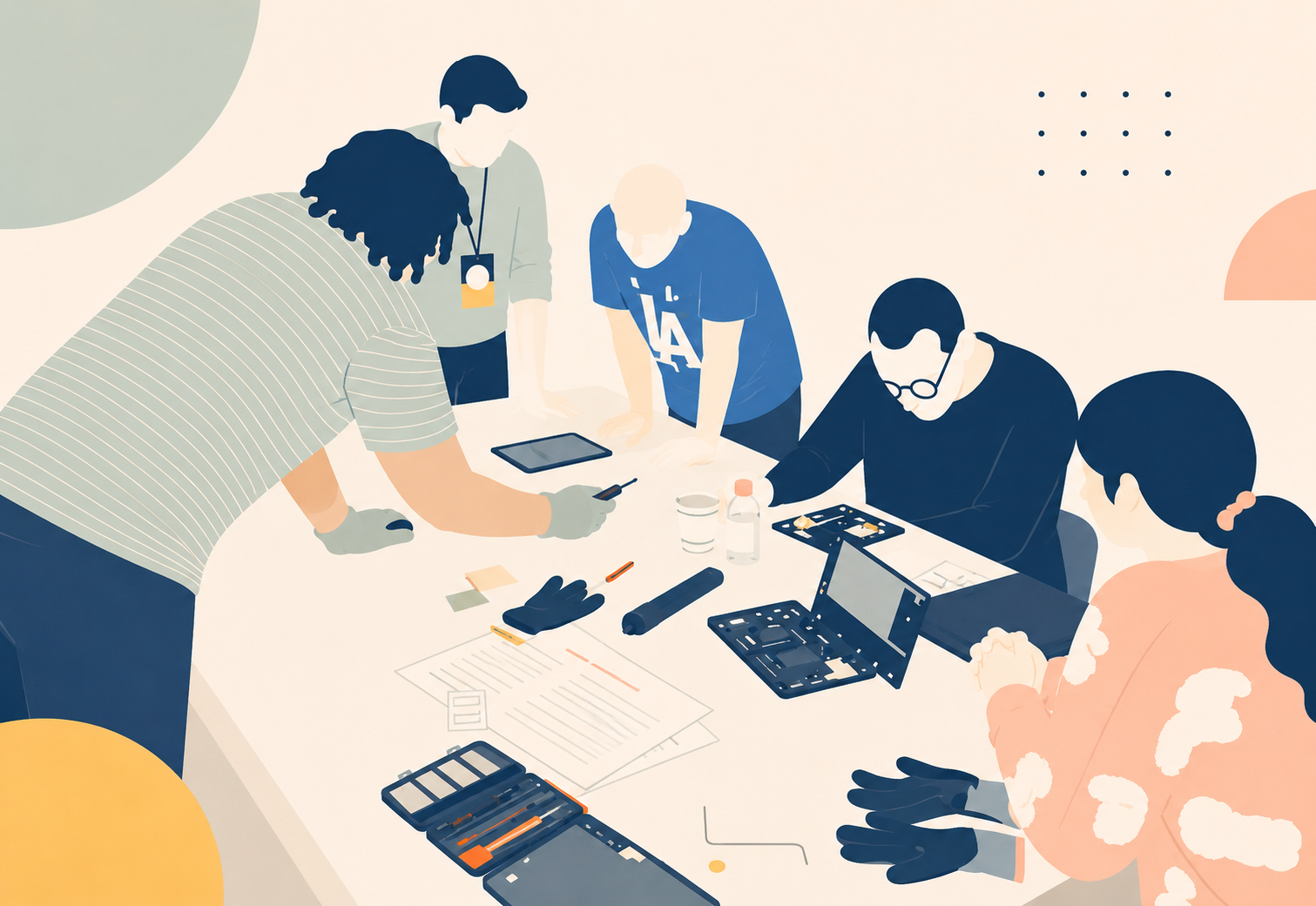 A group of five people working together on a project at a table, surrounded by tools, documents, and electronic devices.