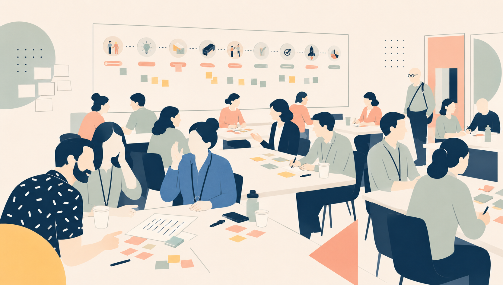 Illustration of a group of diverse people in a conference room engaging in a workshop or seminar, with presentation charts and sticky notes visible.
