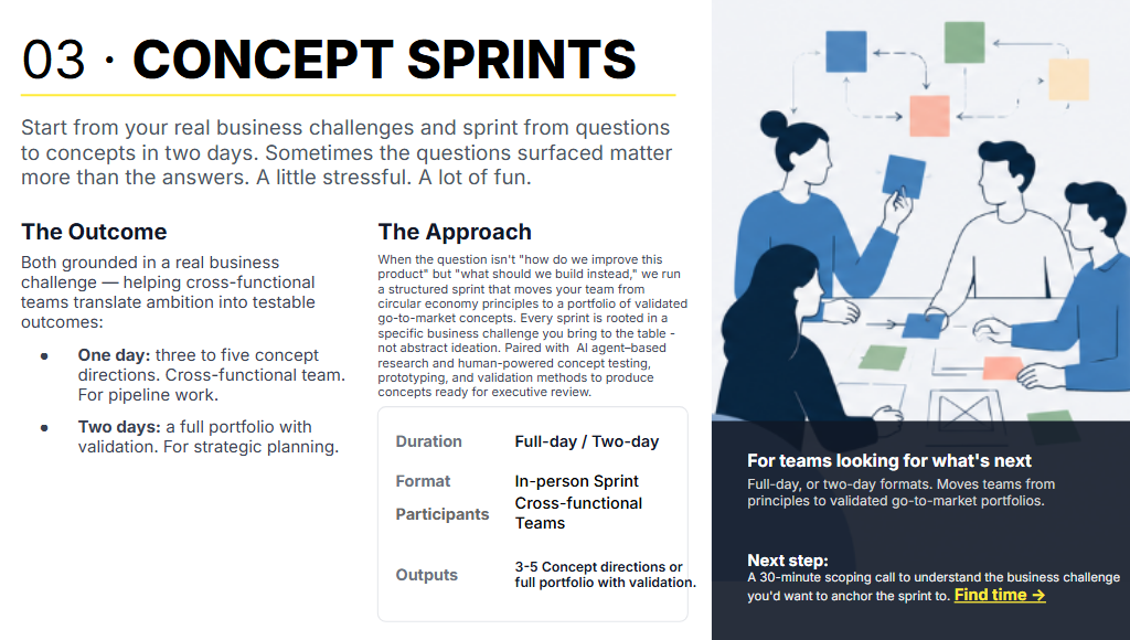 Graphic illustration of a team collaborating around a table, with colorful flowchart elements and a person presenting.