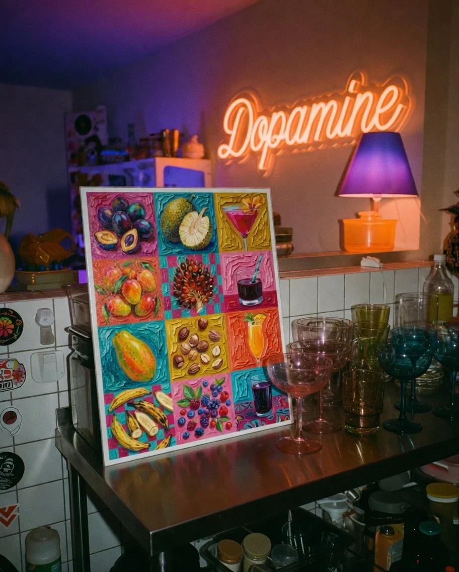 Colorful painting of various fruits and nuts on a stand, surrounded by glasses on a metal table in a room with a neon sign that reads 'Dopamine' and a purple lamp.
