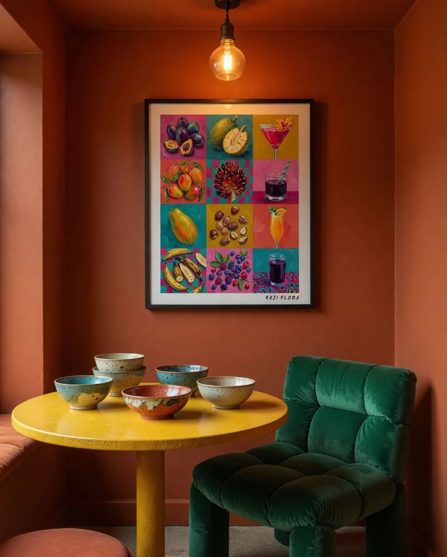 A cozy corner with a yellow round table holding six colorful ceramic bowls, a green velvet chair nearby, a framed colorful fruit-themed artwork on a burnt orange wall, and an exposed light bulb hanging from the ceiling.