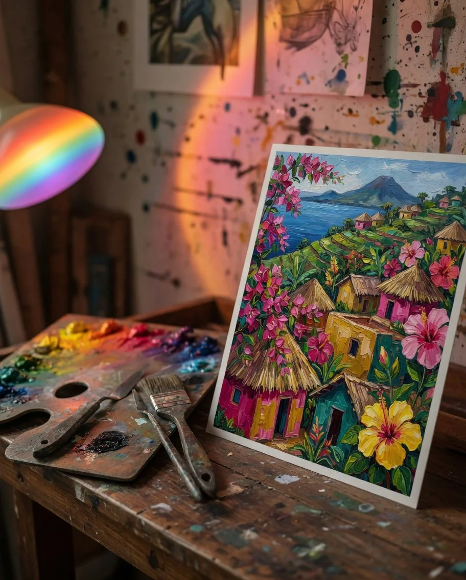 Colorful painting of a tropical village with colorful houses, lush greenery, pink and yellow flowers, mountains, and a lake in the background.