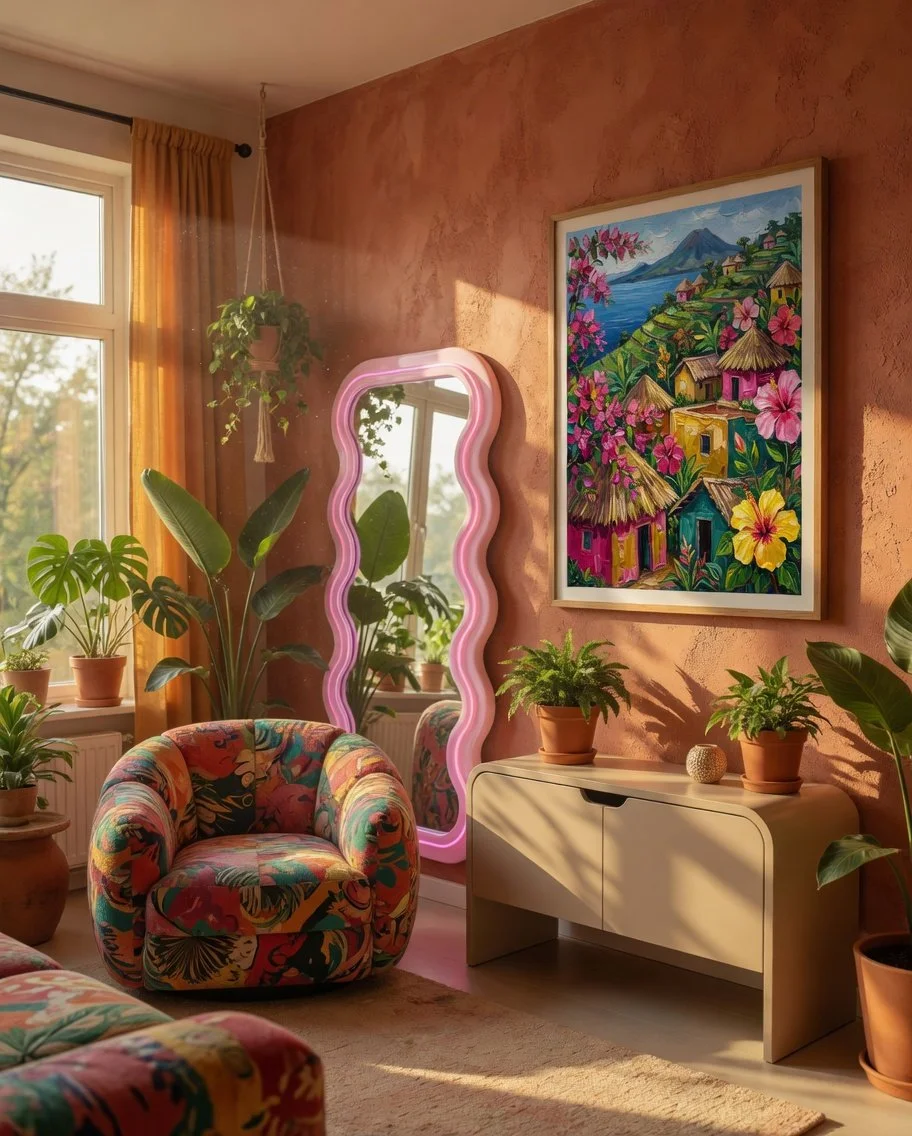 Bright living room with pink textured walls, large window with orange curtains, potted plants, colorful patterned armchair, a tall pink wavy mirror, a bright colorful painting of a village scene, and a beige console table with more potted plants and a decorative item.