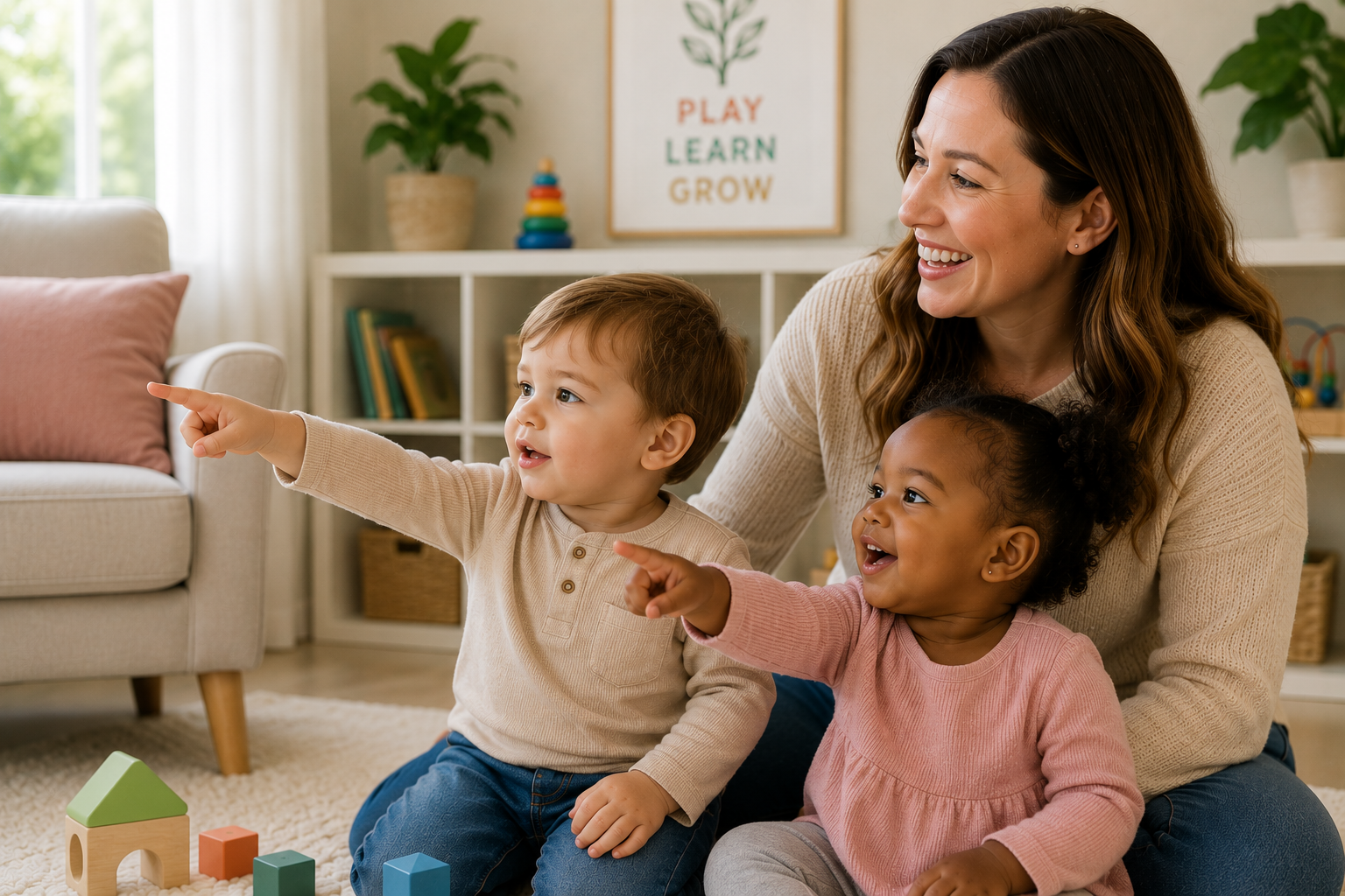 A woman sitting on the floor with a young boy and girl, smiling and pointing at something off-camera in a playroom with toys and a bookshelf.