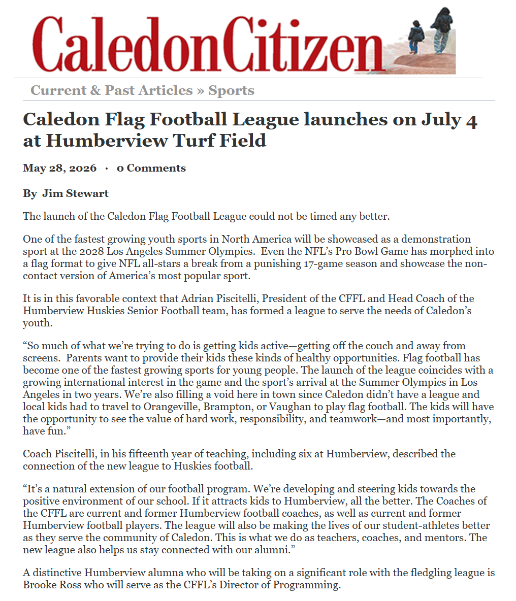 Screenshot of an online news article about the Caledon Flag Football League launching at Humberview Turf Field on July 4, 2026, with a header image showing two children and an adult walking on a dirt path.