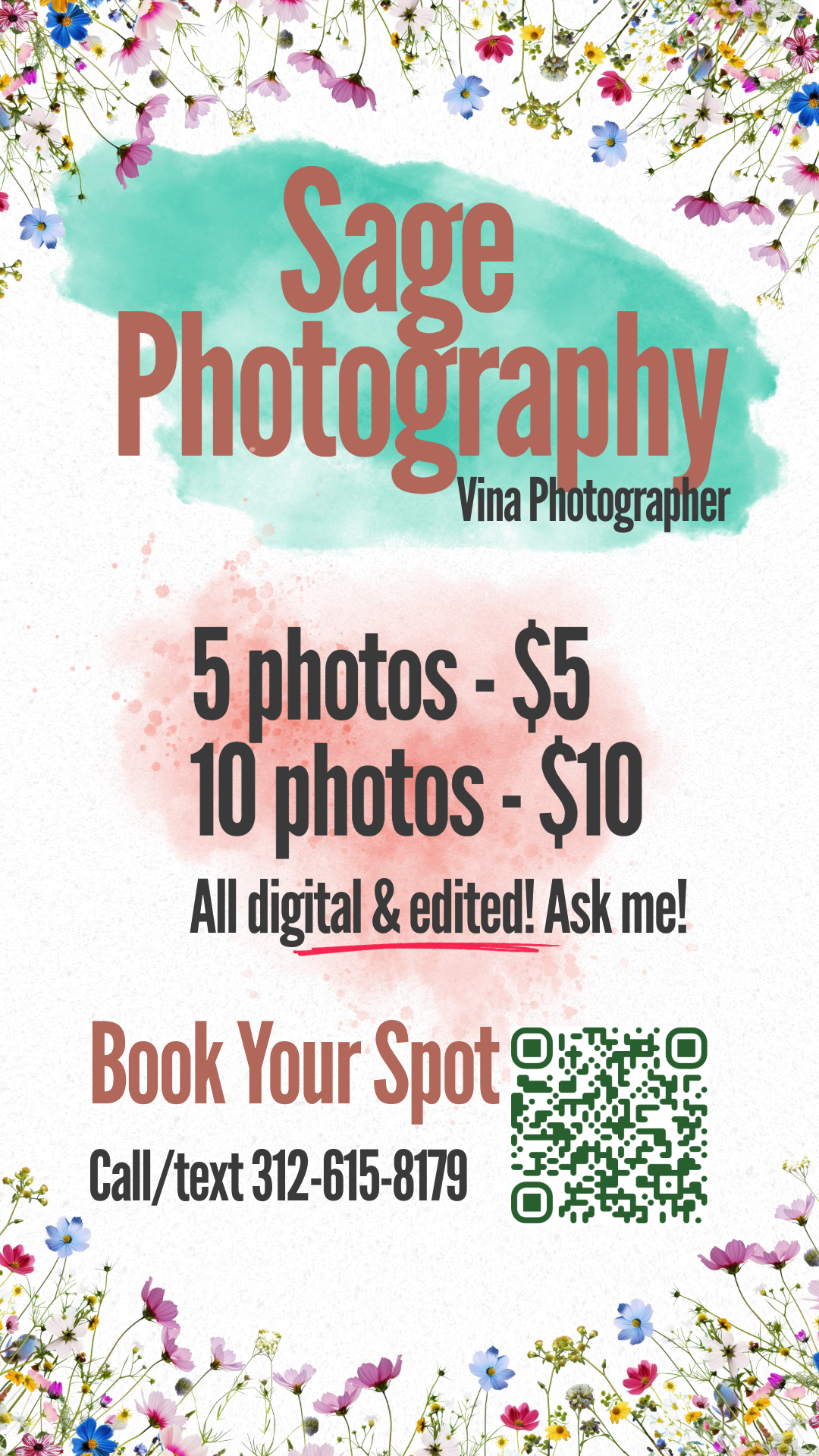 Sage Photography Promo Flyer — Designed for a client looking for a fun, vibrant flyer to promote their photography packages.