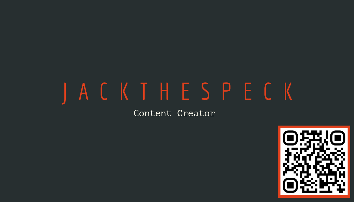 Designed for a Friend | JackTheSpeck Business Card — A clean, minimal business card created for a content creator, featuring bold red typography on a dark background for a modern, professional look.