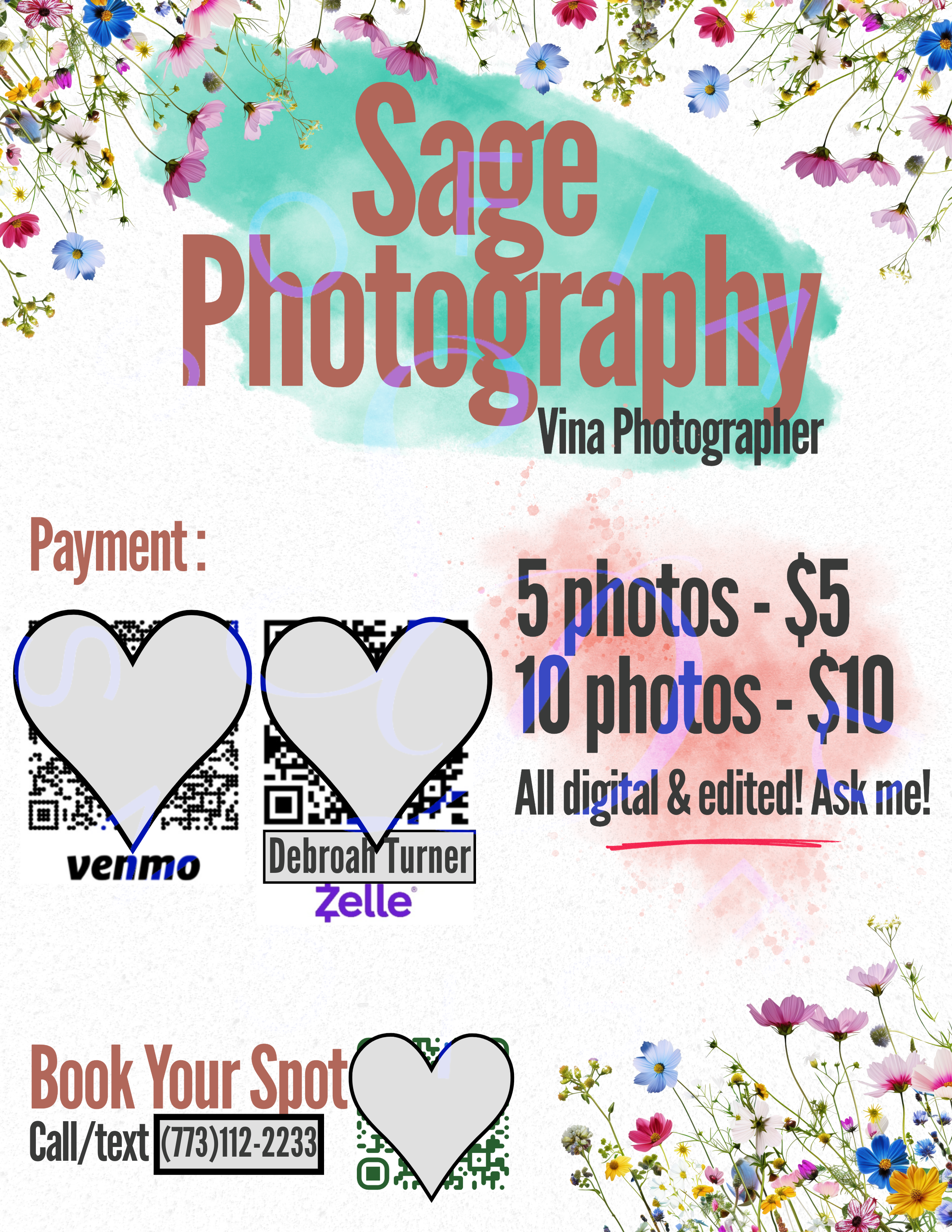 Designed for a Friend | Sage Photography A vibrant promotional flyer created to help a local photographer showcase her packages and streamline bookings.