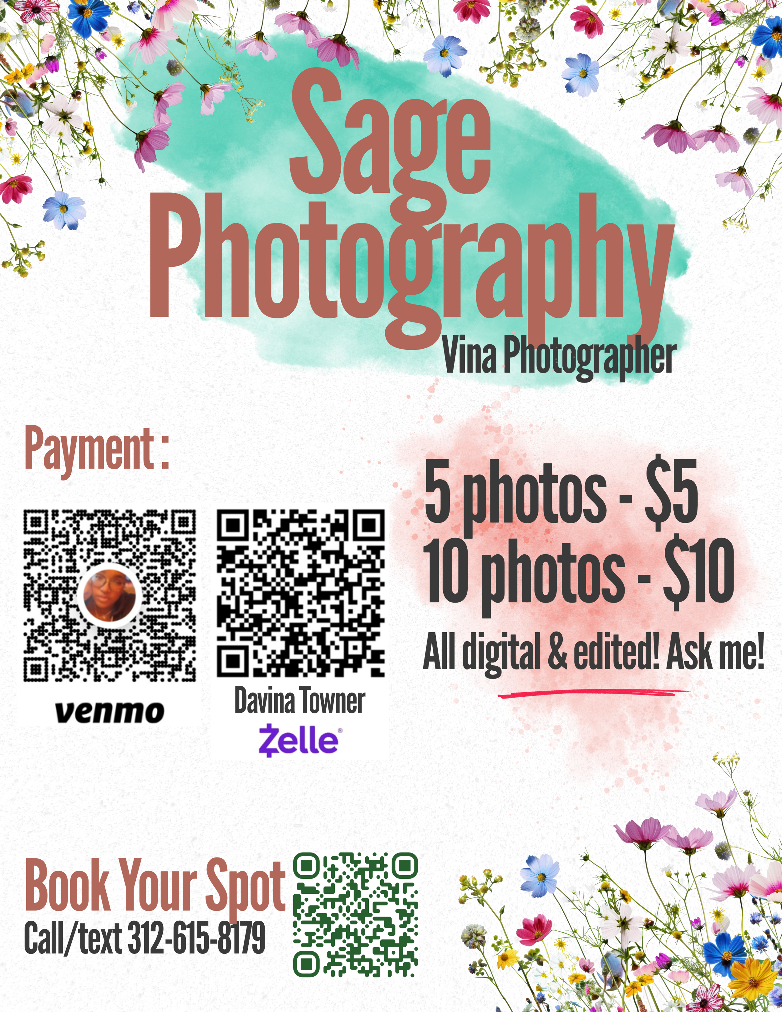 Designed for a Friend | Sage Photography — A vibrant promotional flyer created to help a local photographer showcase her packages and streamline bookings.