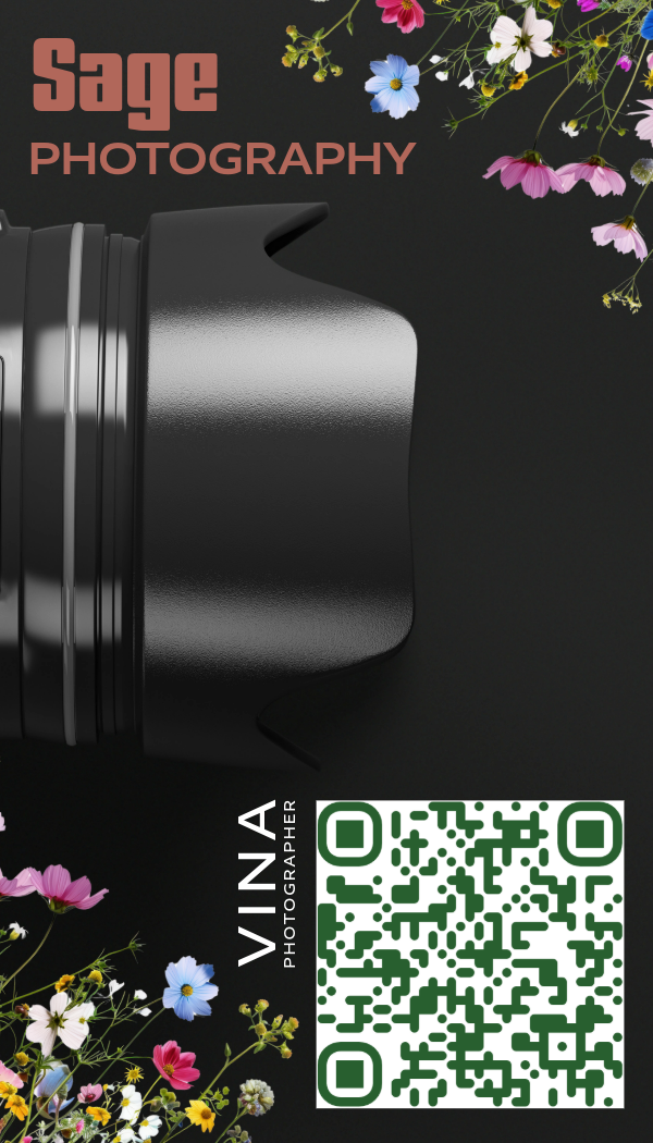 Client Work | Business card design for Sage Photography featuring a bold dark aesthetic with floral accents.