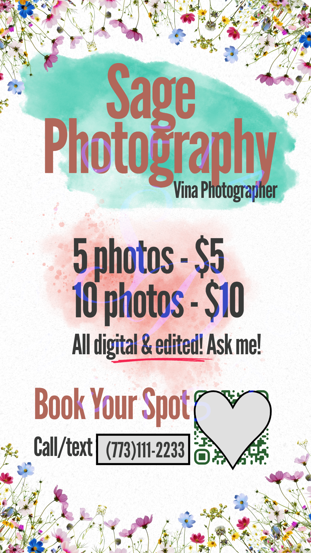 Sage Photography Promo Flyer Designed for a client looking for a fun, vibrant flyer to promote their photography packages.