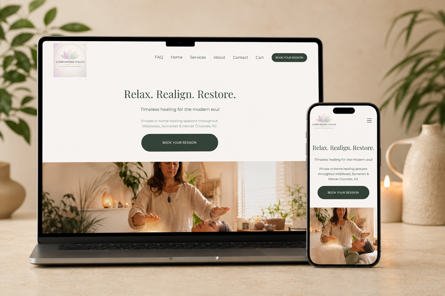 Laptop and smartphone displaying a wellness website called Comforting Touch, featuring a woman giving a massage to a client in a cozy, well-lit room with plants and candles.