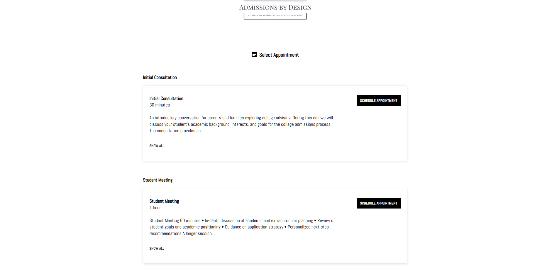 Modern educational consulting website with scheduling integration.png